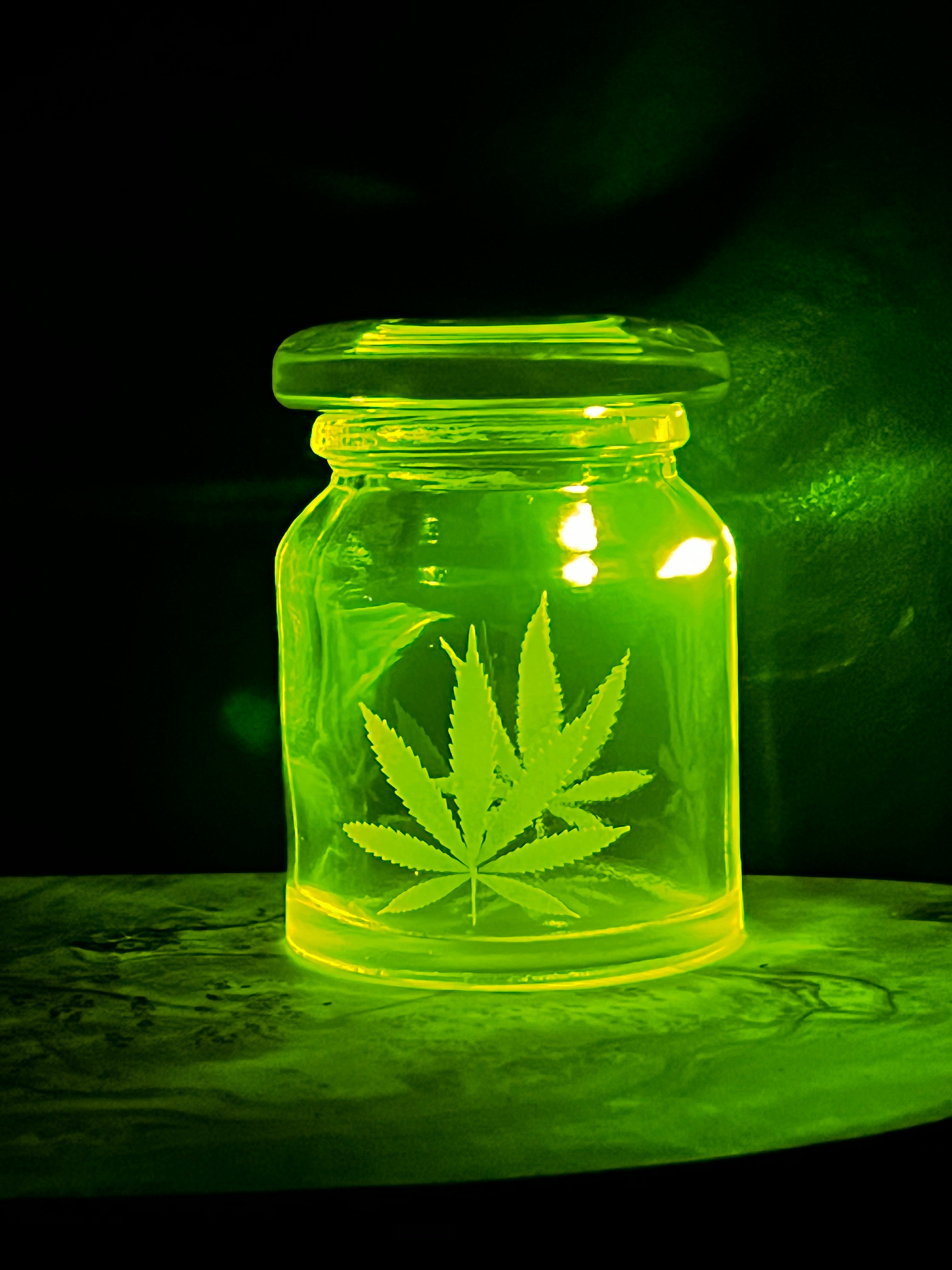 Uranium Glass Leaf Engraved Apothecary Jar