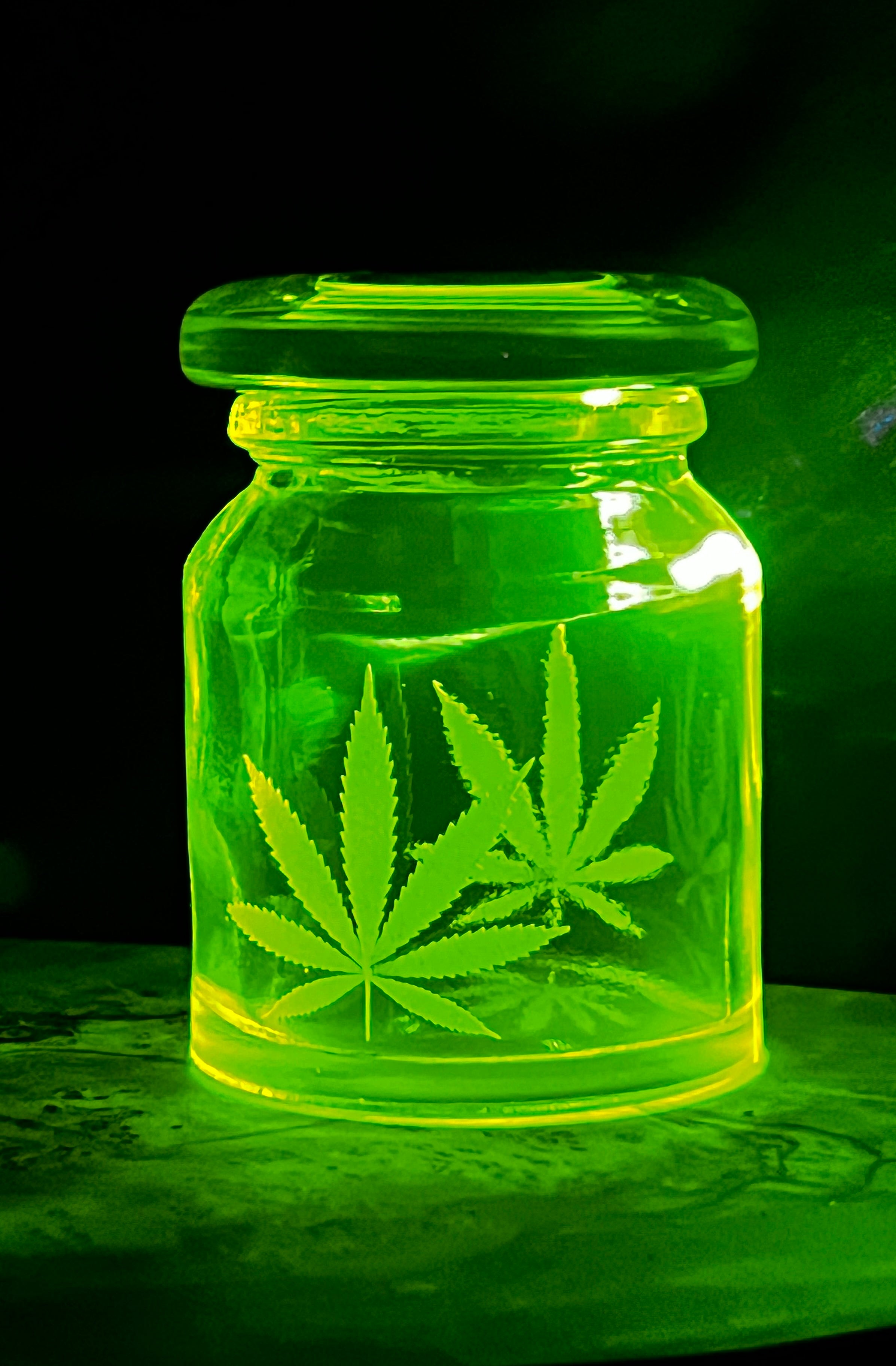 Uranium Glass Leaf Engraved Apothecary Jar